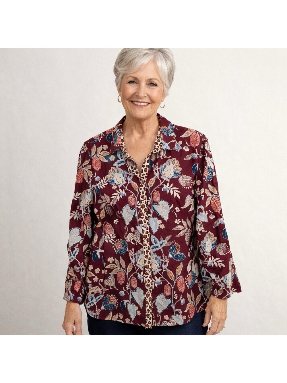 Chicos No-Iron Chic Stretch Red Floral Button Front Tunic Womens 2 US Lg 12